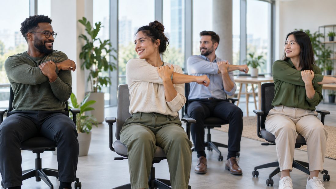 Colleagues doing a seated stretch together during a corporate wellness break
