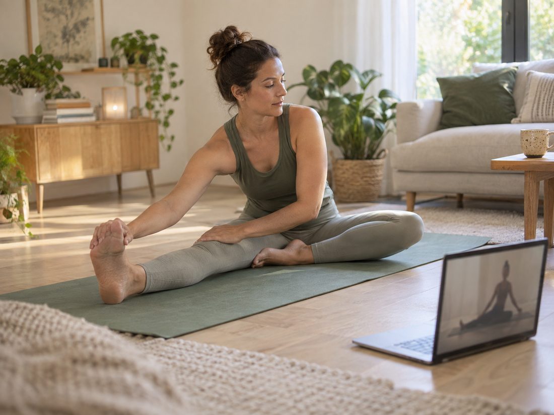 A woman stretching on a yoga mat at home while following an online class on her laptop